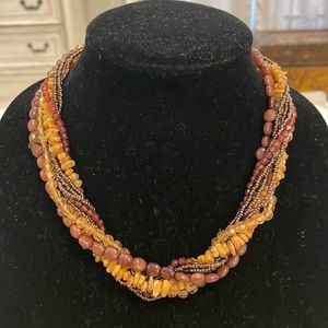 Vintage Beaded Brown Yellow Fall Tone Choker Collar Necklace